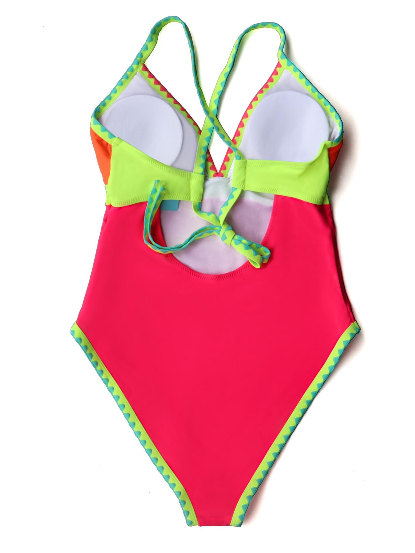 Women's Patchwork Criss Cross Cut Out One-piece Swimsuit, Casual Backless Sleeveless Tie Back Swimwear for Beach Holiday, Ladies Summer Clothes