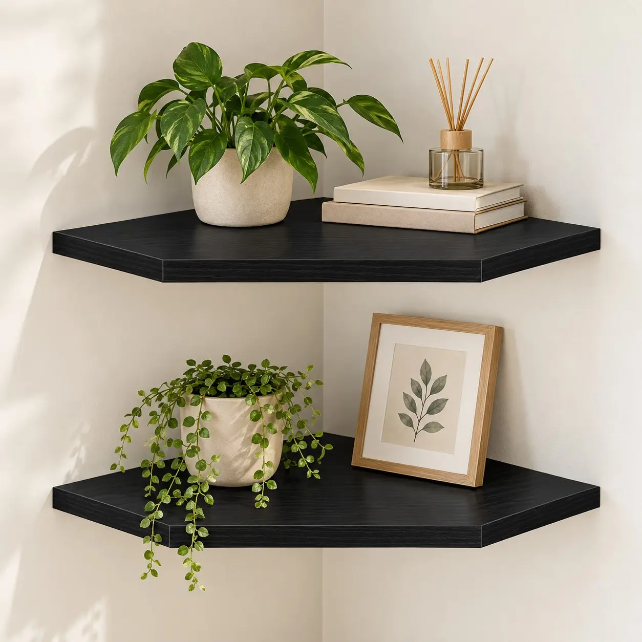 Corner Shelf Wall Mount, Floating Corner Shelves, Set of 2, Rustic Wood Wall Storage Display Shelves for Living Room Bedroom Bathroom Kitchen, Decor