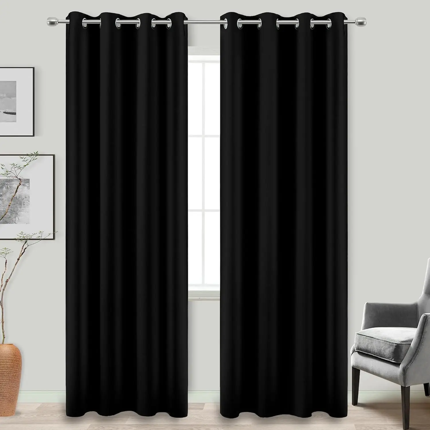 Blackout Curtains 84in Opaque Floor-to-Ceiling Black Microfiber 2-Panel Set, 100% Sun Light Blocking, Energy Efficient, Machine Washable for Bedroom, Living Room Indoor Windows, Opaque Curtains, Floor-To-Ceiling Curtains