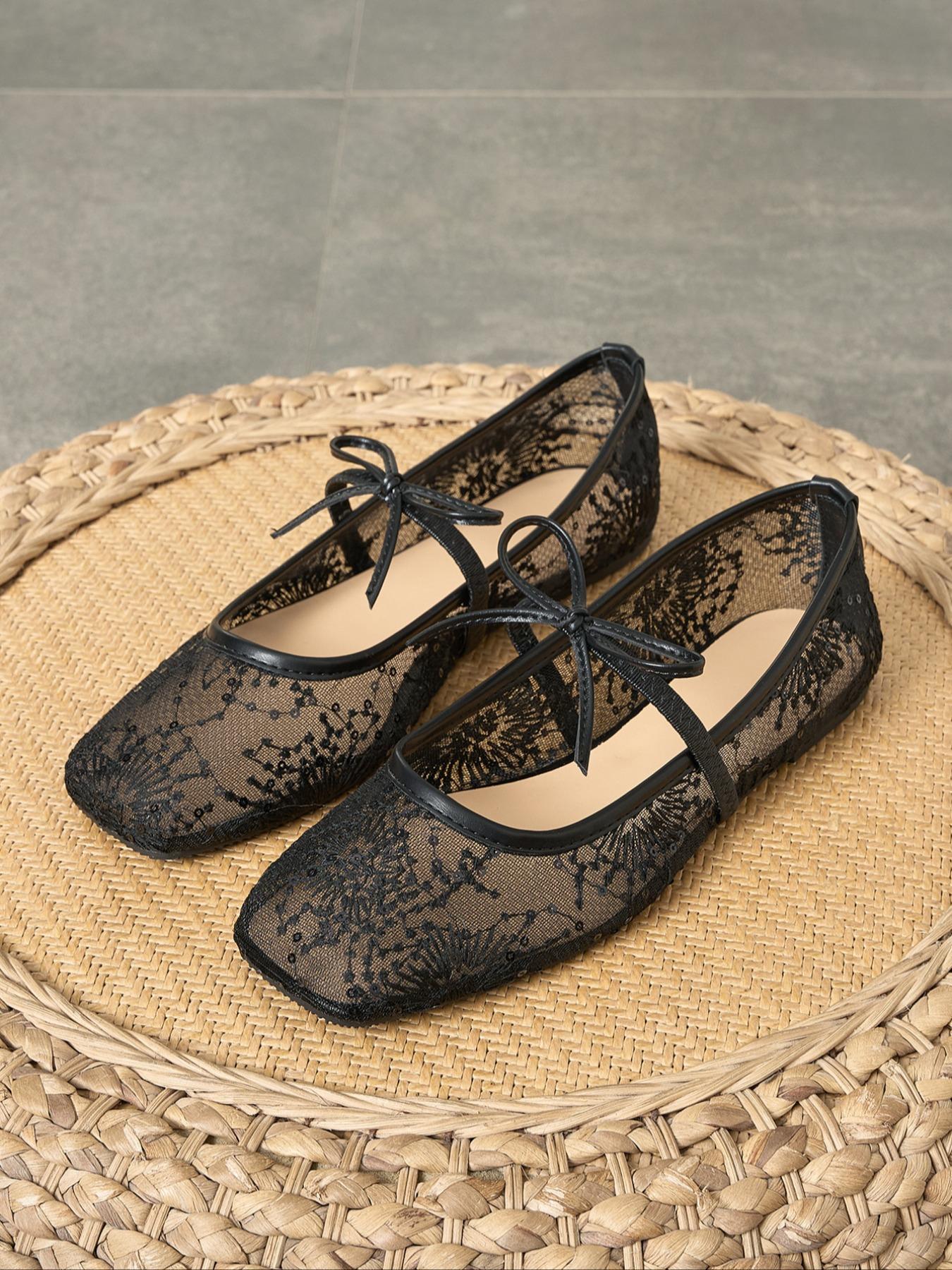 Women's Embroidered Mesh Ballet Flats, Elegant Square-Toe Flat Shoes for Parties and Daily Wear, Lightweight Breathable Comfortable Footwear for Women & Girls, Ballerina Flats Shoes