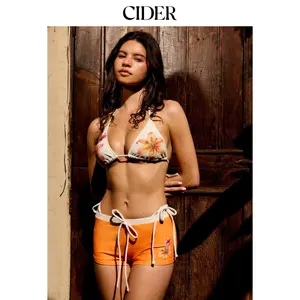 Cider Halter Neckline Floral Triangle Tie Side Bikini Set With Cover Up Shorts