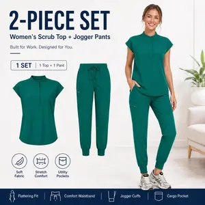 Women's Green Stretch Slim Scrub Set with Zipper, Cap, Pocket - Cute Jogger Medical Uniforms, Comfortable Workwear That Fits Well