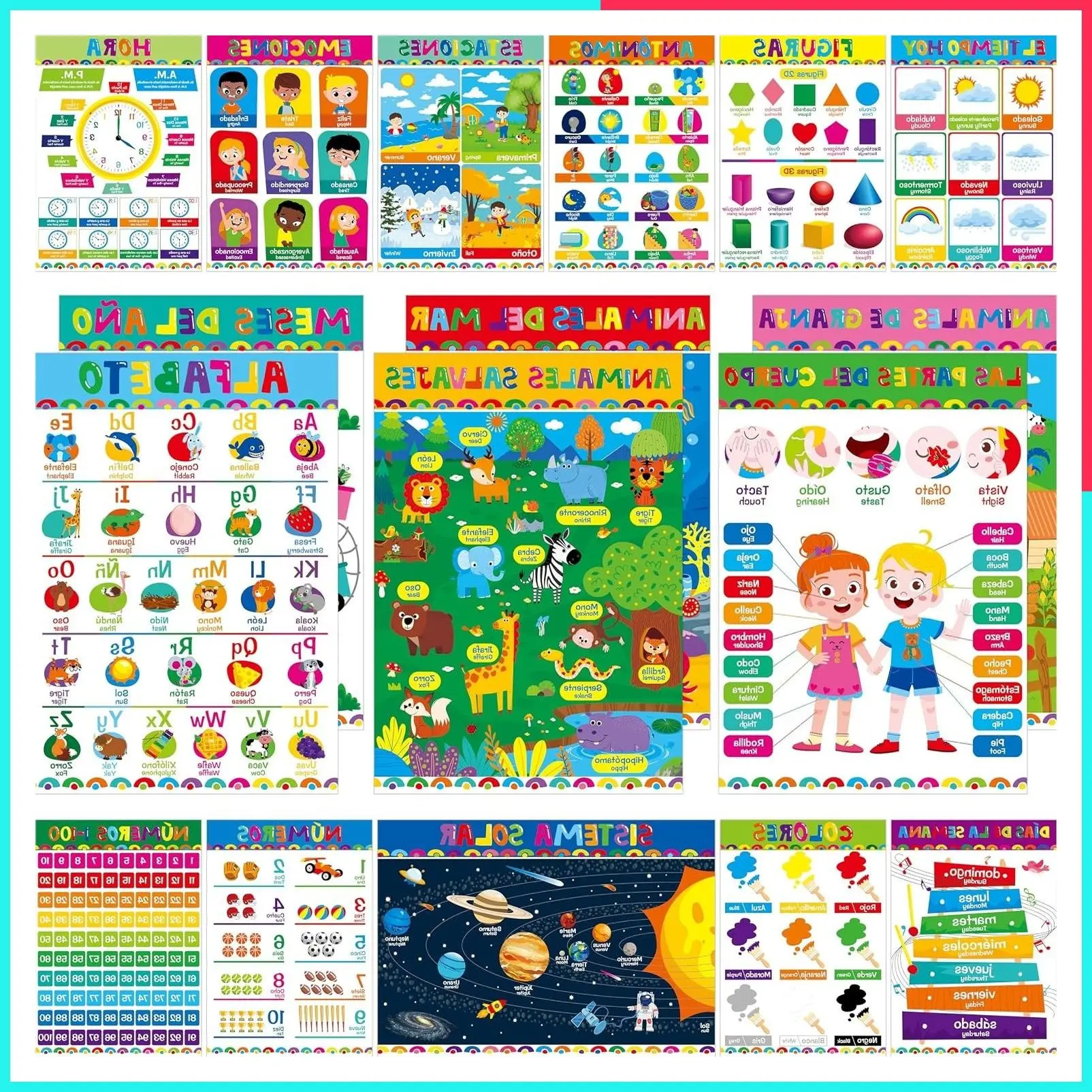 17 Spanish & English Bilingual Posters for Elementary, Thick Waterproof & Tearproof with PET Film, Early Learning Tool, Dual Language Educational Posters, Classroom Decor & School Supplies