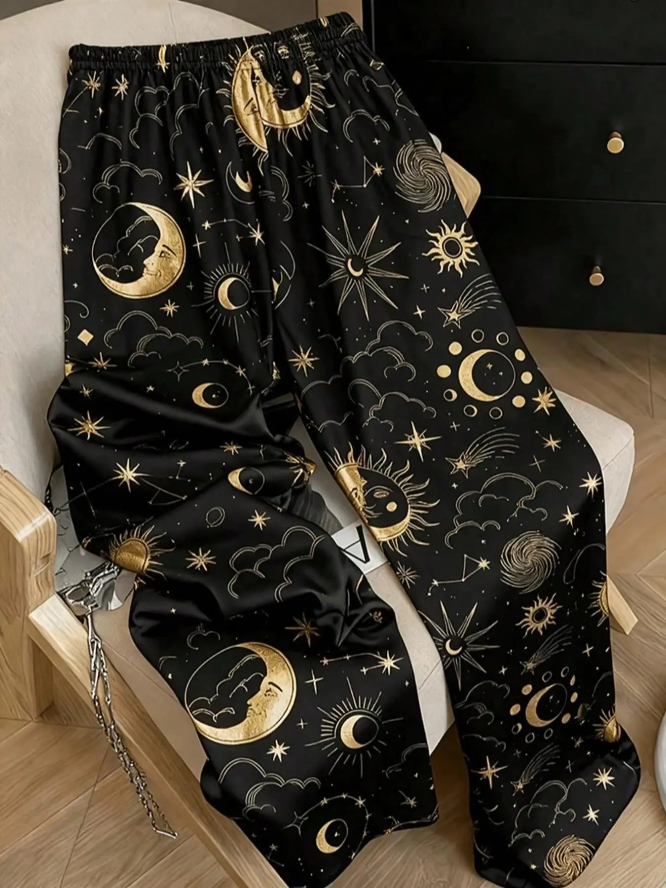 Unisex Starry Sky Wide Leg Pants, Elastic Waist Loose Fit, Casual Home Wear, Ideal for Men and Women, Fall Season