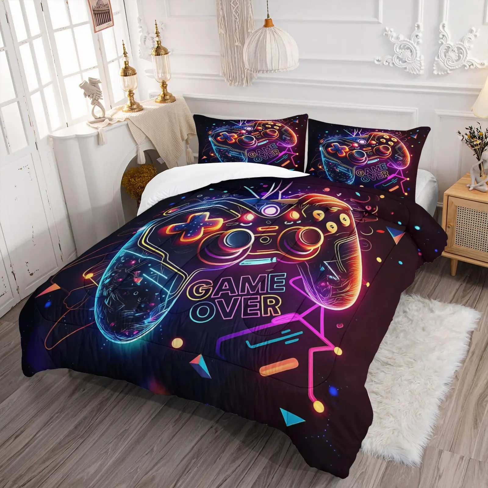 Futuristic Cyber Esports Bedding Set, Dark Base Sci-Fi Gaming Comforter, 1 Duvet Cover + 1/2 Pillowcases, Dorm Apartment Decor