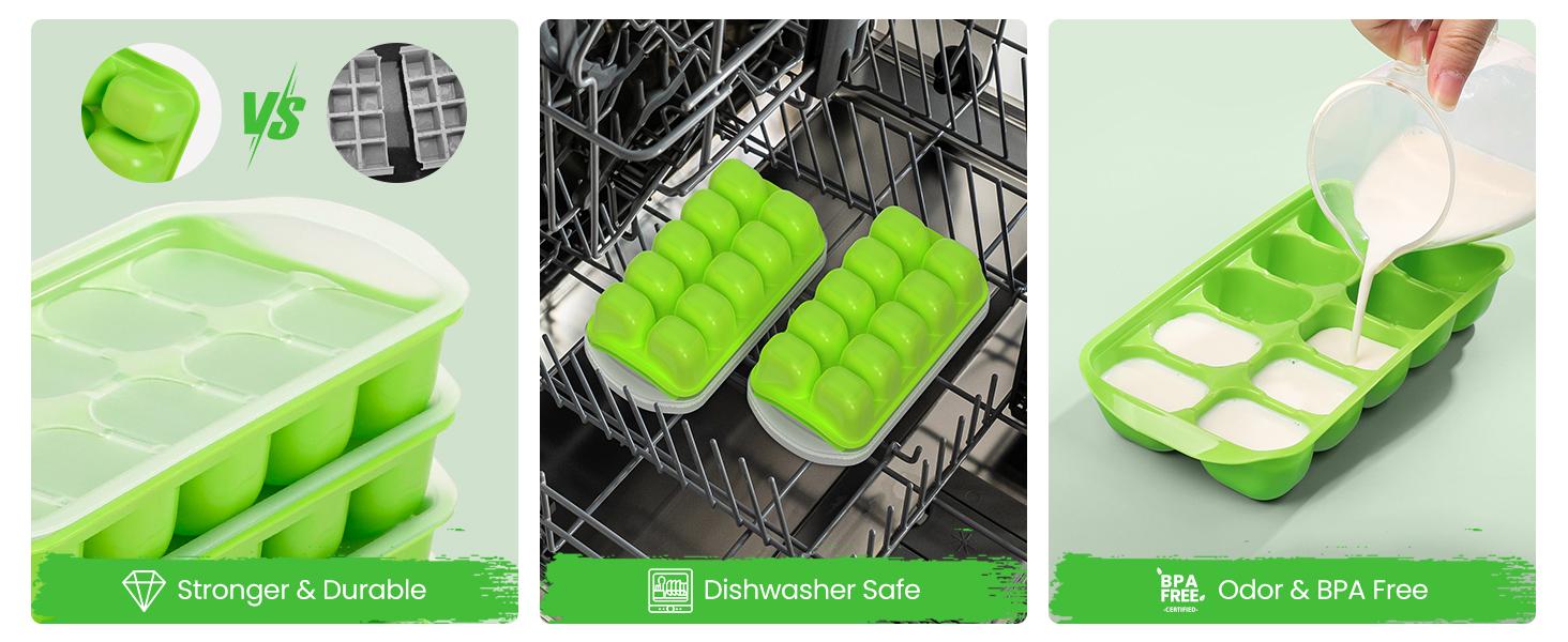 Ice Cube Tray with Lid and Bin - 4 Pack Ice Bucket Kits, Stackable Silicone Ice Trays for Freezer, Easy Pop Out, BPA Free for Cocktail, Coffee, Soup, Food, RV, Kitchen