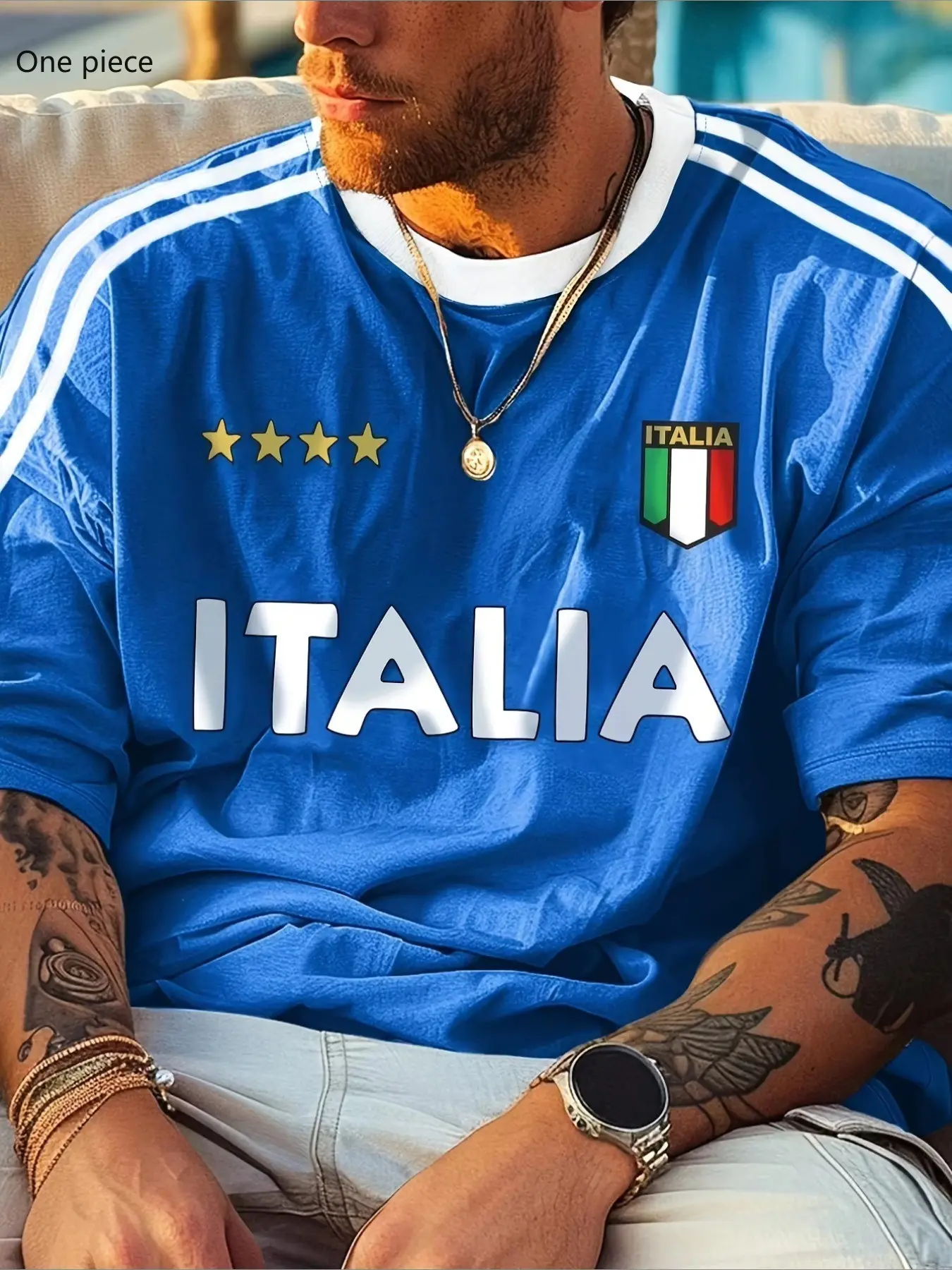 Summer Men's Trendy Casual Loose Fit Sweat-Wicking Breathable T-Shirt, Vintage Italian Four-Star Soccer Tee, Italy Flag Badge Graphic Short Sleeve Jersey