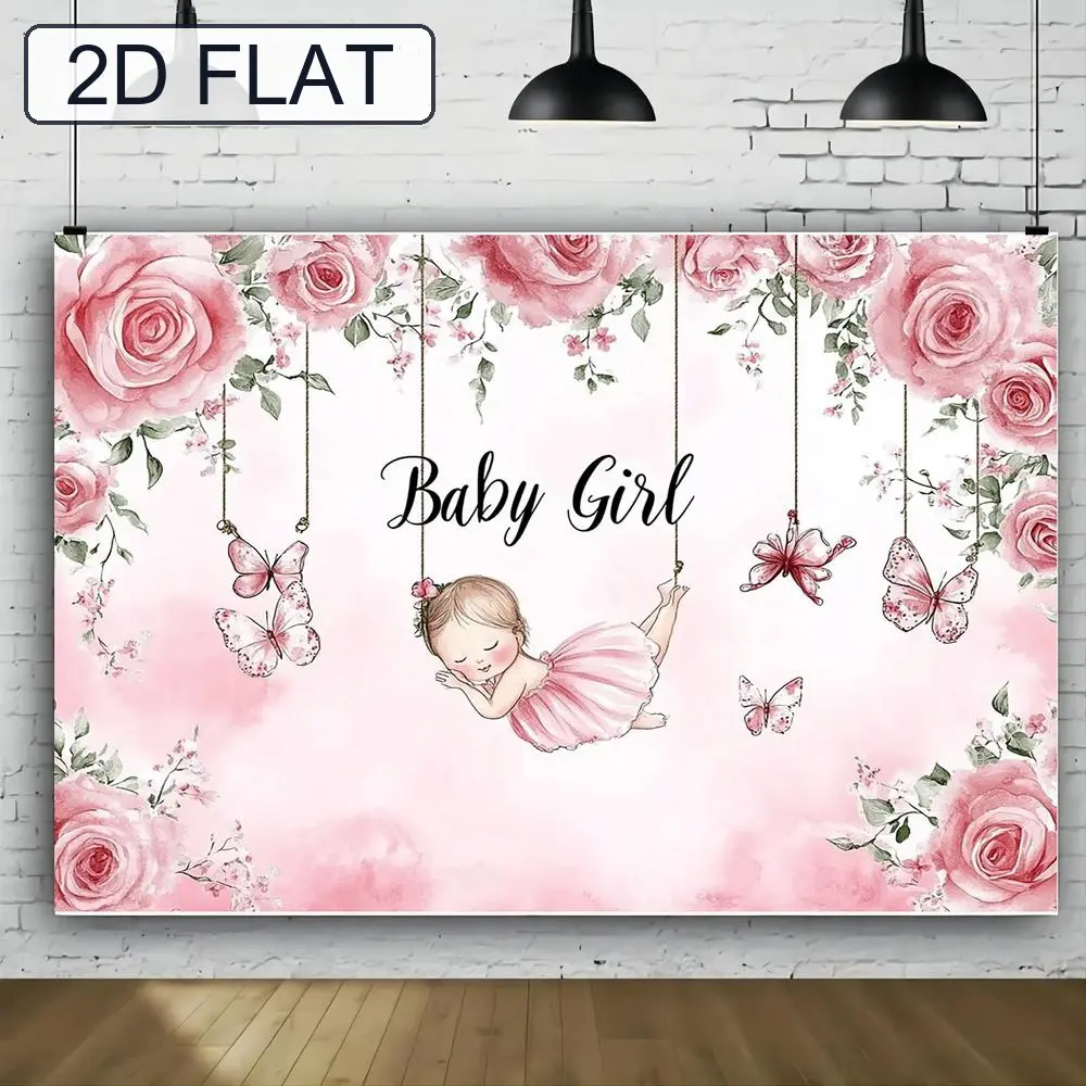1pc Pink Baby Girl Party Backdrop Banner - 2D Photography Background with Roses, Butterflies & "Baby Girl" Text, Polyester Material, No Power Needed, Perfect for Baby Showers, Birthdays, Anniversaries, Weddings
