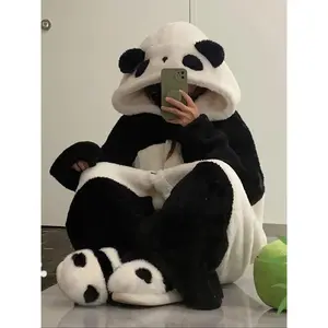 1pcs Men's Winter Cartoon Panda Pajamas Set, Long Flannel Sleepwear, Thickened Home Wear, Ideal Gift for Thanksgiving & Christmas