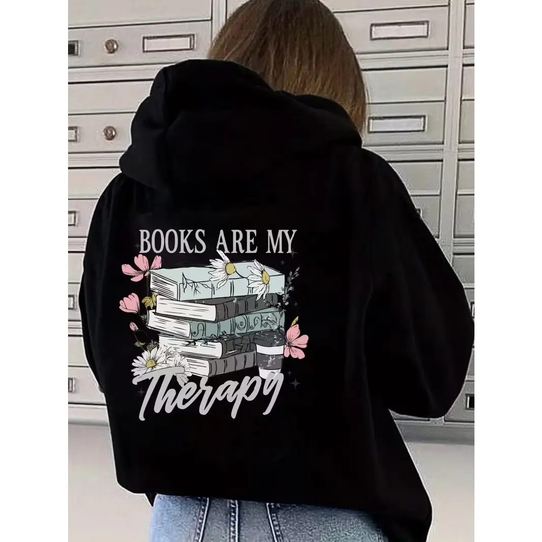 Books Floral Graphic Oversized Comfort Cotton Hoodie, Books Are My Therapy Fashion Outfit, Perfect Valentine Gift For Book Lovers, Best Holiday Present For Reading Enthusiast Friends Her Him