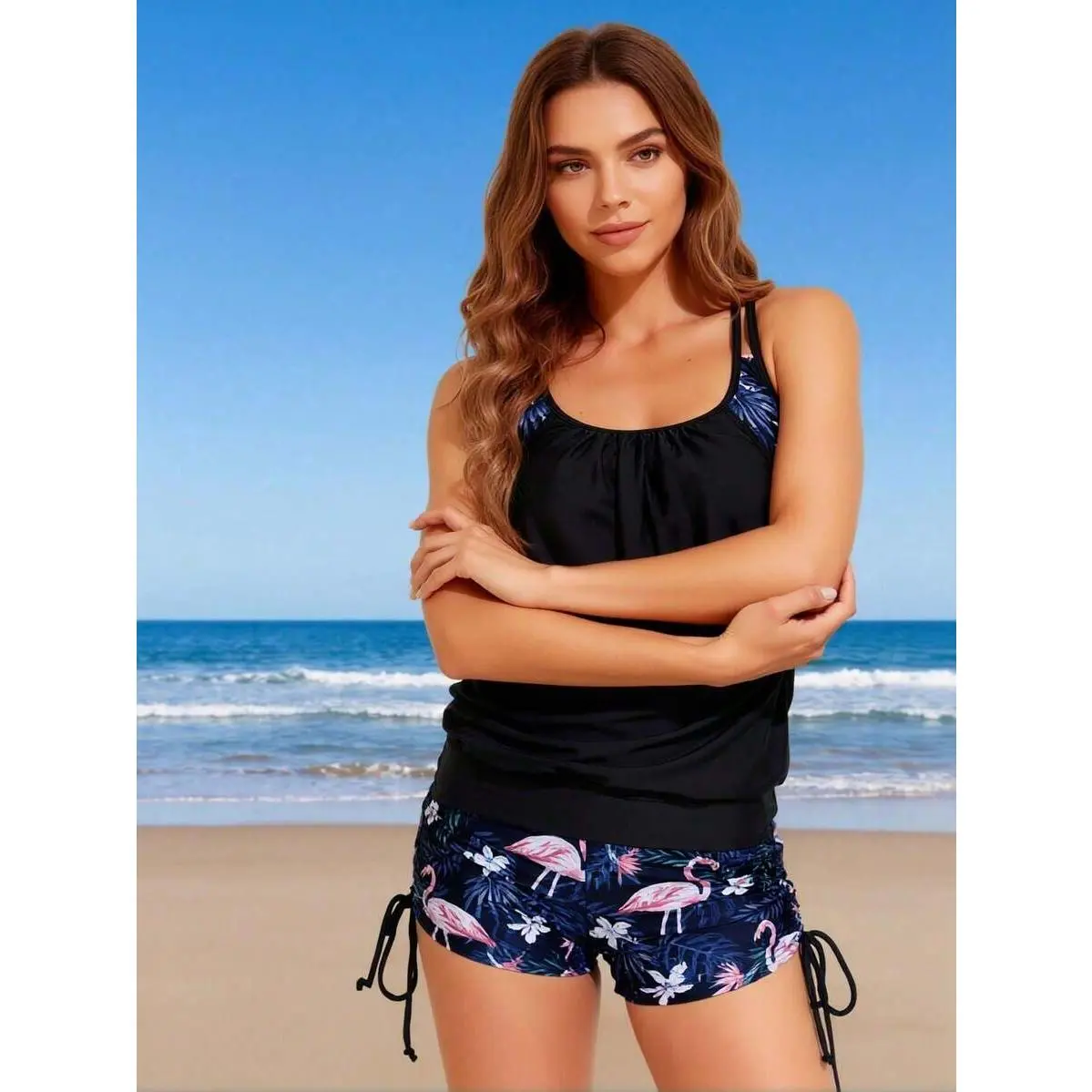 2026 New Women's Sexy Fashion Navy Flamingo Print Two-Piece Boyleg Swimsuit For Vacation & Leisure