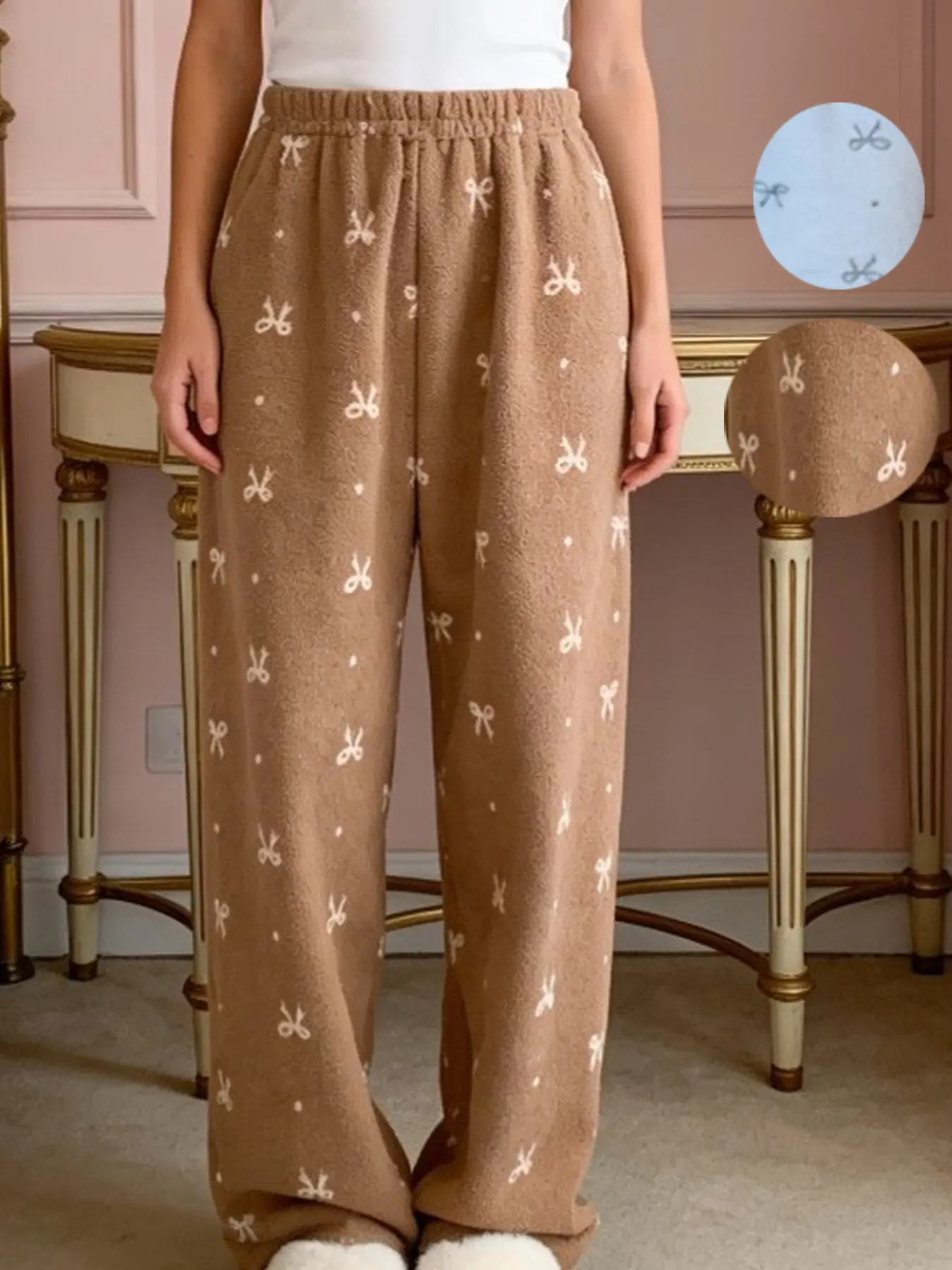 Soft Bow Sleep Pants, Autumn Winter Warm Coral Fleece Lounge Pants, Cozy Home Wear, Comfortable and Non-Restricting Waist, Single Pack