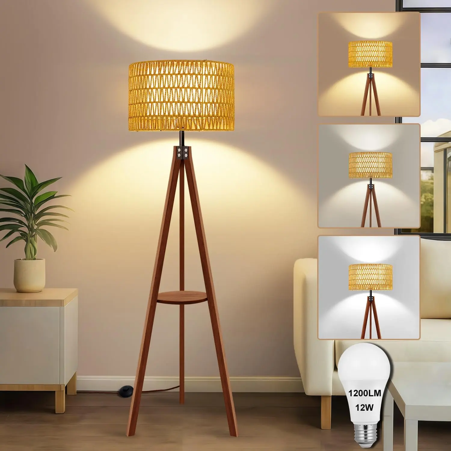 Boho Rattan Floor Lamp with Shelf & Bulb Included, Wicker Tripod Floor Lamp 3 Color Temperatures,  Rustic Tall Lamps with Foot , Walnut Boho Standing Lamps for Living Room Bedroom