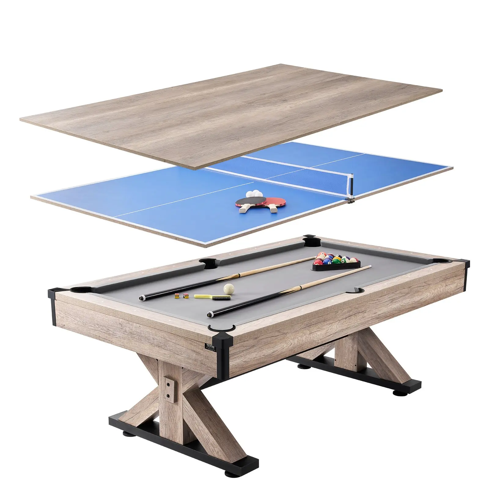 【toolupgrade】VEVOR 7ft 3-in-1 Multi-Game Table Combo Set, Wood Finish Indoor Furniture with Dining, Pool, Tennis Functions, Includes Accessories, Grey Cloth, Ideal for Family Game Room