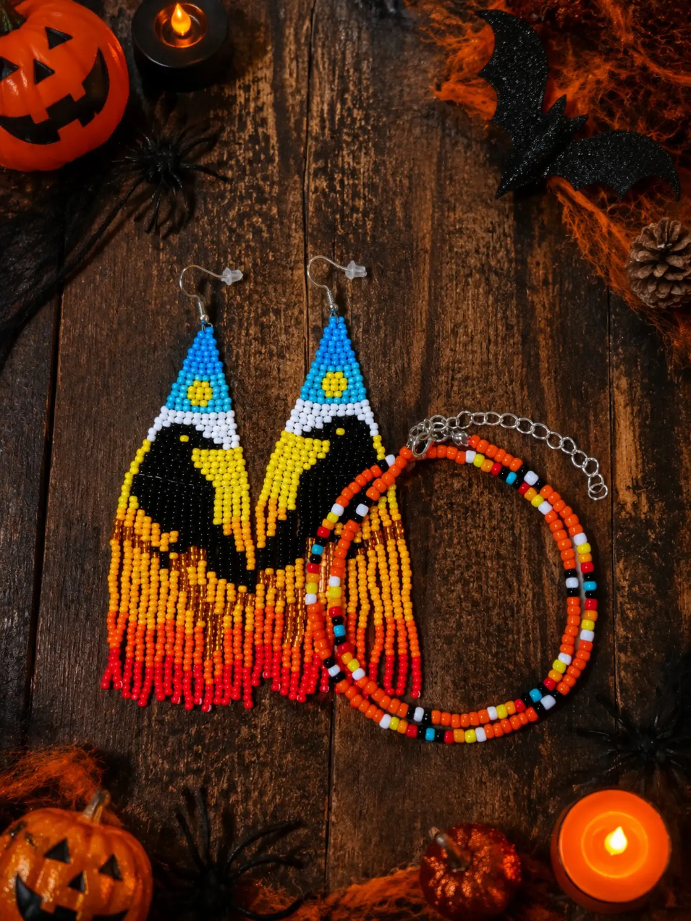 Handmade Halloween Seed Bead Earrings Bracelet Set, Boho Fringe Dangle Earrings, Crow Design, Colorful Beaded Jewelry, Festival Party Accessory