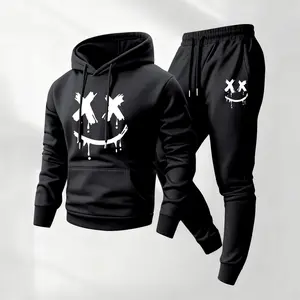 Men's Smiling Face Printed Hoodie and Drawstring Sweatpants Set, Menswear, Casual Athletic Long Sleeve Hooded Jacket & Trousers for Fall & Winter, Men's Clothing for Daily Wear, Sportswear Indoor Outdoor, Tracksuit, Athleisure Summer Clothes