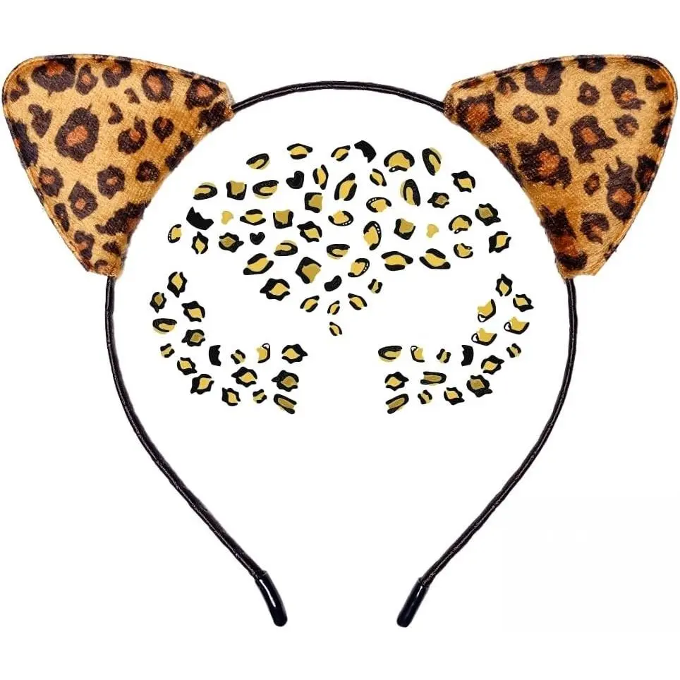 Cheetah Ears Headband & Metallic Face Tattoos – Adult Leopard Cosplay & Halloween Costume Accessory Set(Gift)