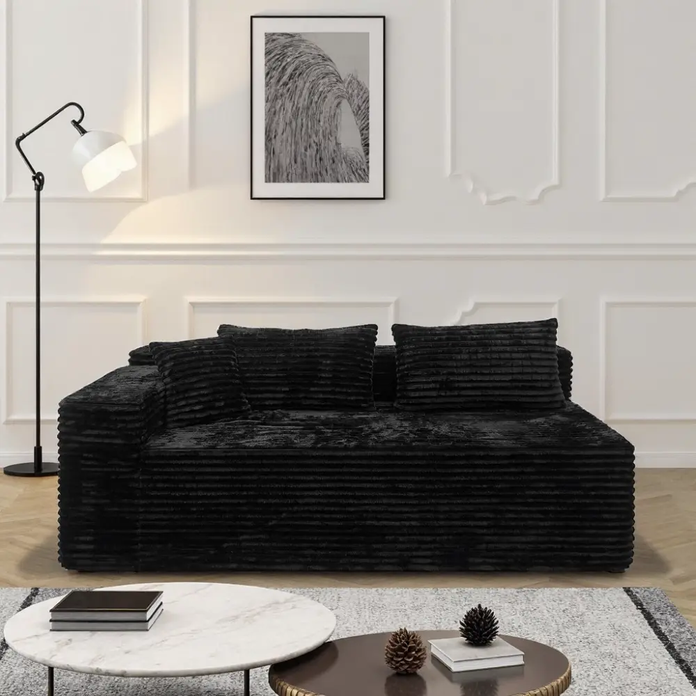Black Vertical Striped Corduroy Modular 2-Seater Sofa, Oversized Square Block Loveseat Couch with 4 Decor Throw Pillows, Soft Plush Free Combine Convertible Sectional Module Sofa for Living Room, Apartment, Condo & Small Space Home Furniture