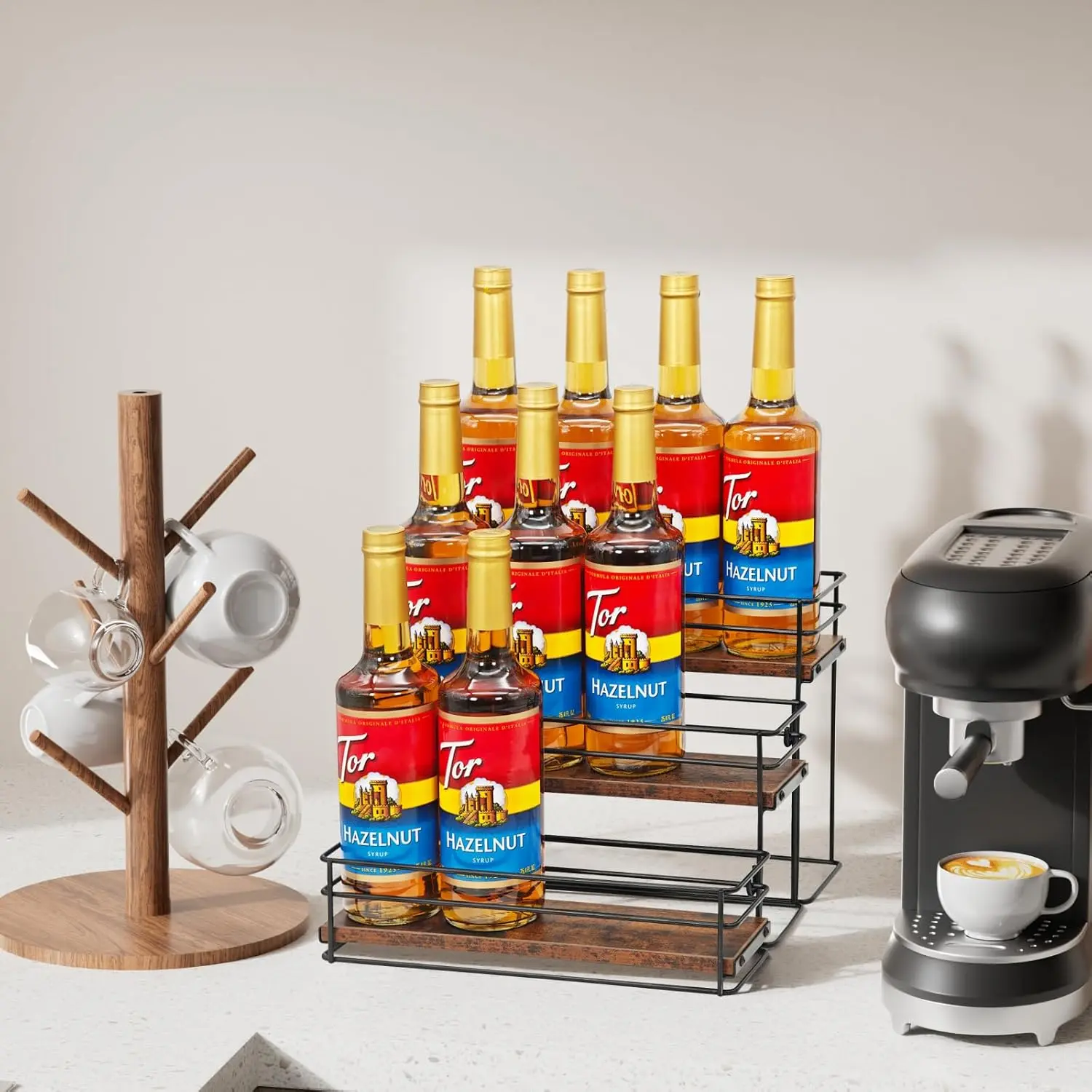 3 Tier Coffee Syrup Bottle Organizer Rack, 12 Bottle Capacity Coffee Bar Shelf, Countertop Storage Stand for Torani Monin Syrups, Liquor Whiskey Wine Display Holder, No Drill Installation unit bathroom counter rolling narrow cabinet space-saving accessory