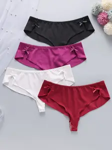 4 Pcs Women's Double Bow Low Waist Thong Daily Panties, Low Rise Underwear, Comfortable Breathable Plain Color, Sweet Sexy Daily Wear, Perfect for Office and Dates