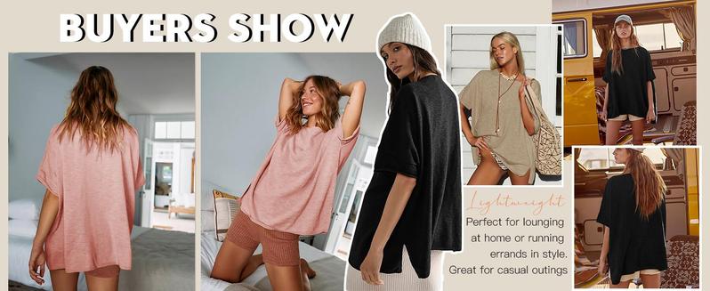 Fashare Women's Oversized T Shirts Casual Summer Crew Neck Loose Dropped Short Sleeve Side Slit Hem Blouse Tunic Tops