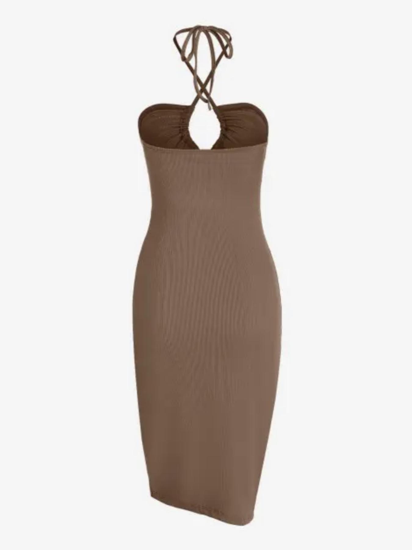 Women's Plain Criss Cross Backless Split Thigh Drawstring Bodycon Dress, Solid Sleeveless Cut Out Tie Back Halter Midi Dress for Party Club Dating Wear, Ladies Summer Clothes Bodycon Chic