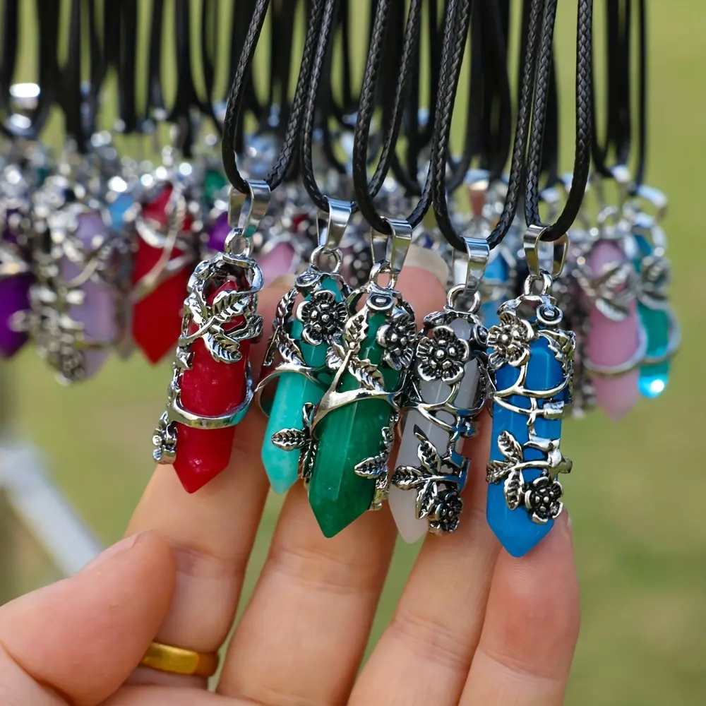 10Pcs Hexagonal Column Shaped Wrapped Flowers Pendants Necklace Set, 10pcs Hexagonal Column with 10pcs Rope for DIY Necklace Jewelry Craft Making, Leisure Accessories &