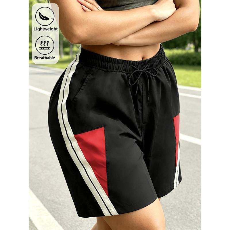 Women's Polyester Color-Block Sporty Shorts - Drawstring Elastic Waist, Fitted Cut, Side Stripes, Hand Pockets, Lightweight Breathable Apparel for Gym, Running, Casual Wear, Sporty Sports Shorts