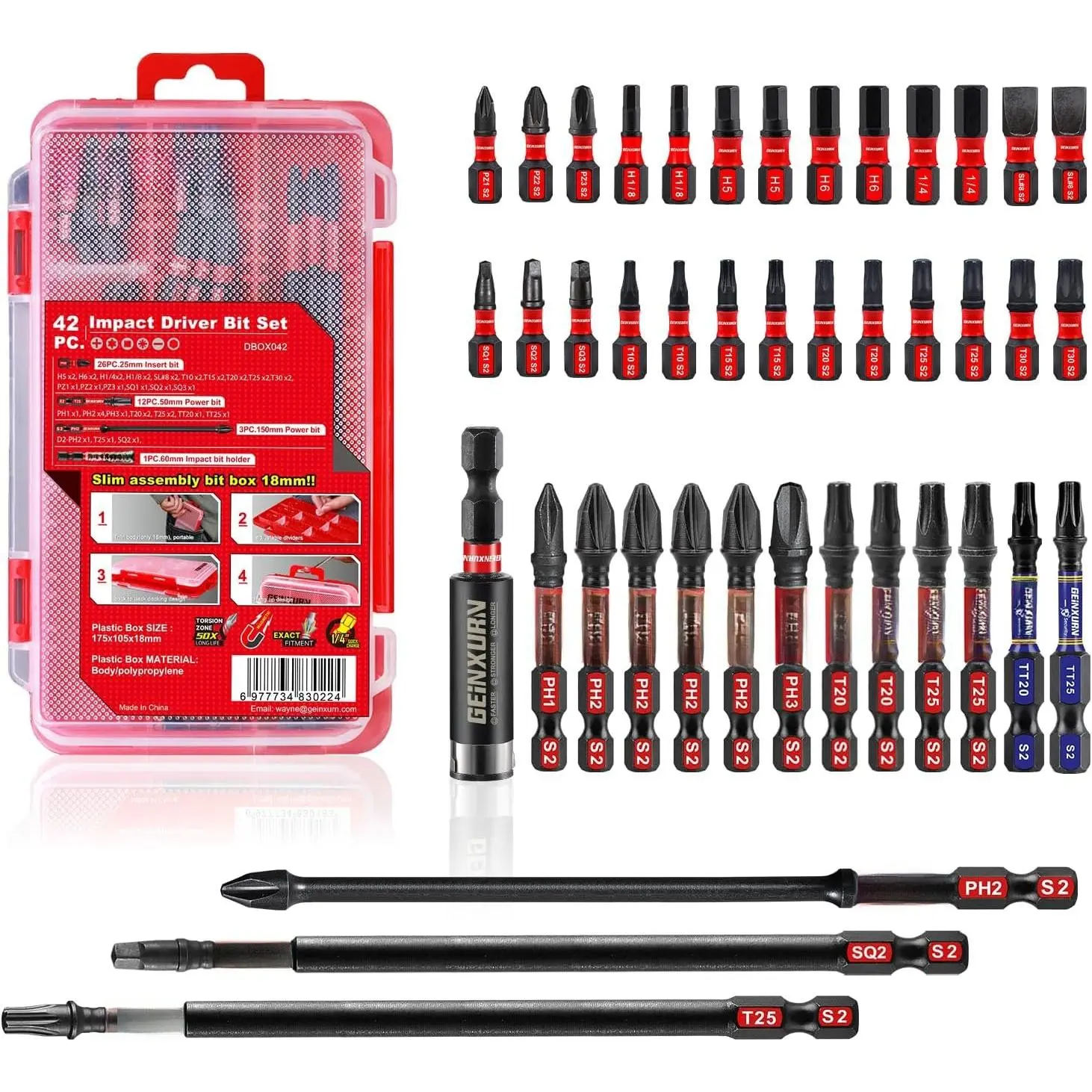 42 count  Bits Set,   S2 Steel Multi Insert Power Bits Tips with  Bit Holder with Storage Box(PH/TORX/SQ/PZ/HEX/SL)