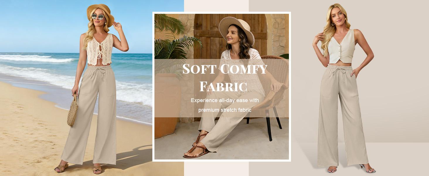 Womens Linen Wide Leg Pants, High Waisted Flowy Palazzo with Pockets Summer Drawstring Trousers Beach Travel Work