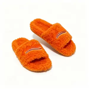 Orange Fuzzy Plush Slides | Soft Furry Open-Toe Slippers | Embroidered Casual Indoor & Outdoor Fluffy Slides for All Genders