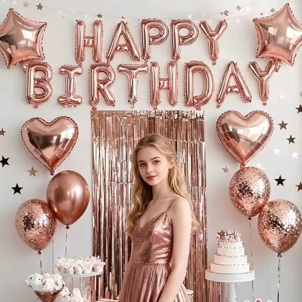 40pcs Rose Gold Birthday Alphanumeric Latex & Mylar Balloons, Heart Shaped Party Balloons Decorations Set, Anniversary Celebration Supplies