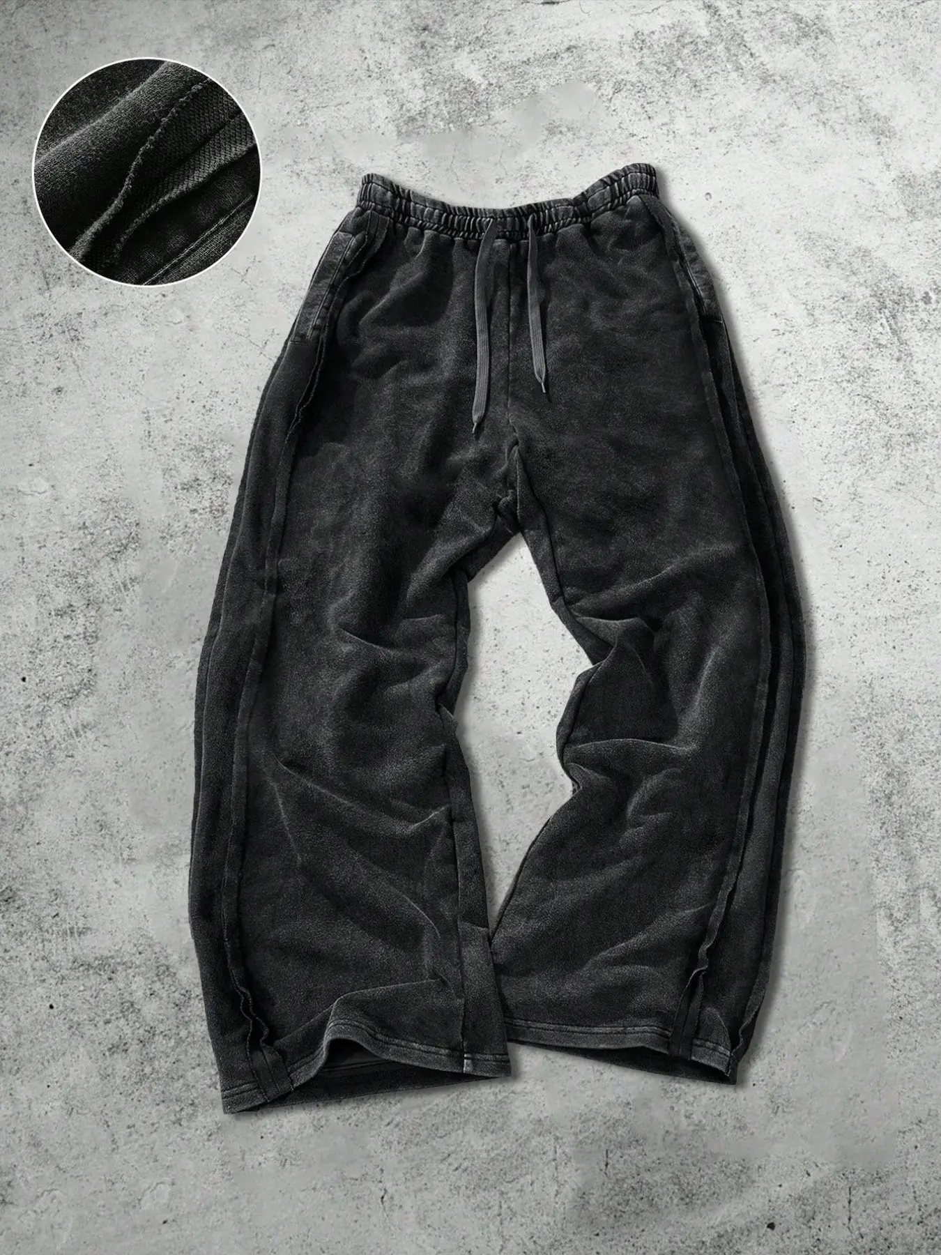 Men's Casual Retro Vintage Drawstring Long Pants, Side Frayed Patchwork, Cotton Fabric, Comfortable Daily Wear, Spring & Fall