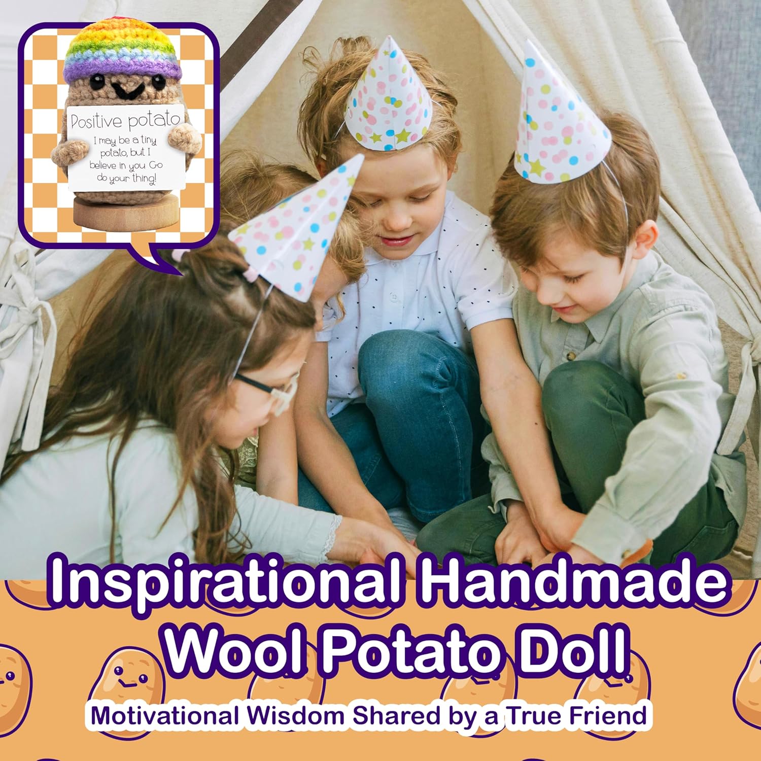 Adorable Marlo & Buzz crochet potato plush with stand! This funny emotional support toy offers comforting motivation for stress and anxiety relief, perfect as charming home decor. Soft, cute, and full of warm energy to cheer you up every day.