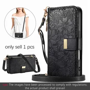 For Apple iPhone 17/16 Pro Max Wallet Crossbody Strap Case, Long Rope, Card Holder Foldable Stand Cover, Military Grade Protection, Soft TPU Black Silicone, Accessories