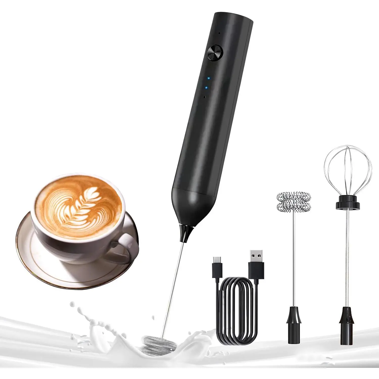 Rechargeable Milk Frother, Electric Drink Mixer | Frother Wand with 2 Stainless Steel Whisks, Handheld Drink Mixer for Latte, Cappuccino, Matcha, Coffee and Protein Drinks