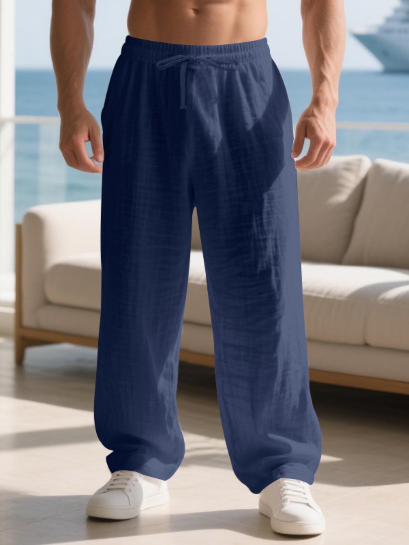 Men's Linen Long Pants Fit with Pockets, Casual Beach Pants, Summer Home Wear, Elastic Waistband & Drawstring, Spring & Fall Fashion