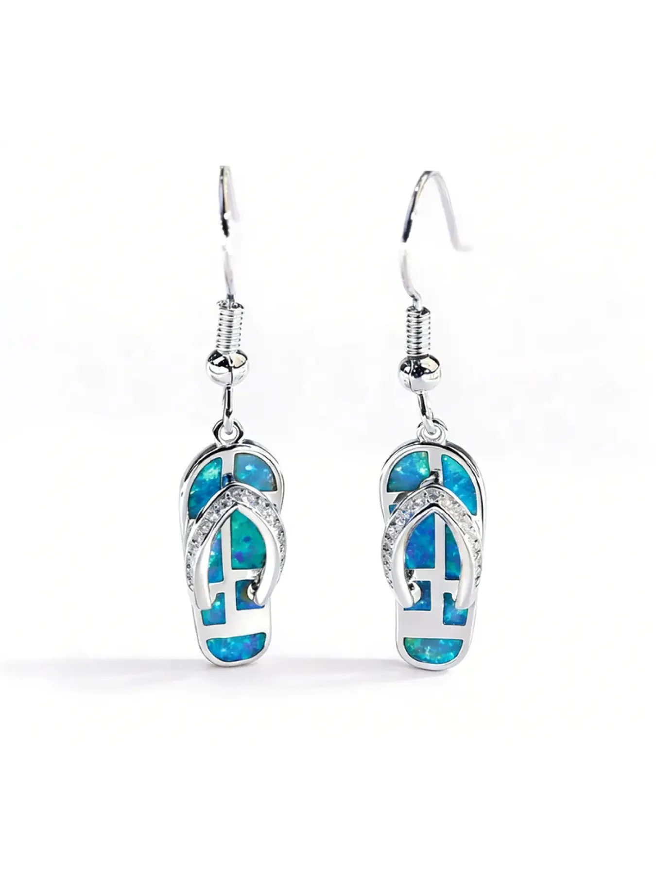 Slipper Shaped Blue Opal Earrings,White K Plated Dangle Earrings & Cubic Zirconia,Unique Bohe Whimsical Jewelry Gift for Women
