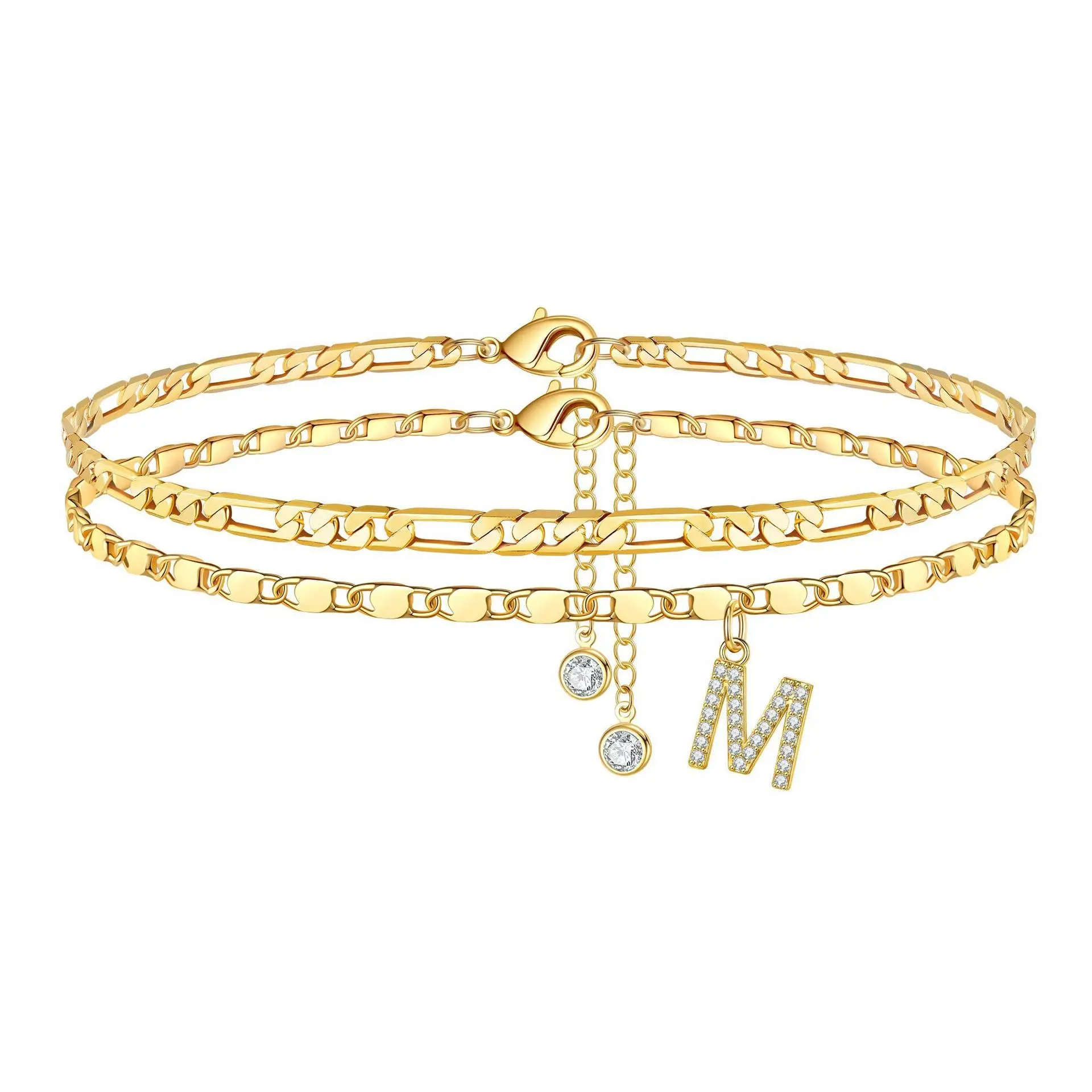 Effortless Glamour Double Layer Figaro Chain Initial CZ Ankle Bracelet Baddie Viral Silver Tone Stainless Steel Personalized Letter Stack Women Summer Beach Foot Jewelry