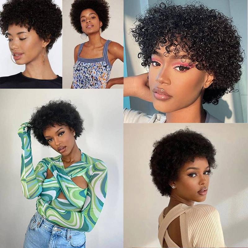 Glueless Wigs Human Hair Afro Kinky Curly Natural Color Wig For Women  Human Hair Soft and Fluffy Glueless Wigs 80s Kinky Curly Wig Cosplay or Daily Use Wigs 180% Density Pixie Curl Afro Wig Onetide Hair