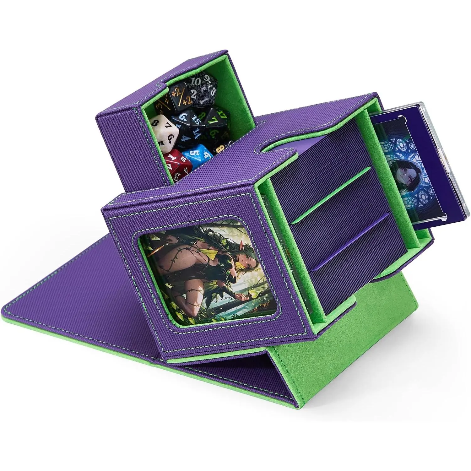 MTG Commander Deck Box with Dual Commander Display, Patented Card Deck Box Fits 100 Double-Sleeved Cards, MTG Card Case with Dice Tray, 2 Dividers, 2 Magnetic Holders, Purple & Neon Green