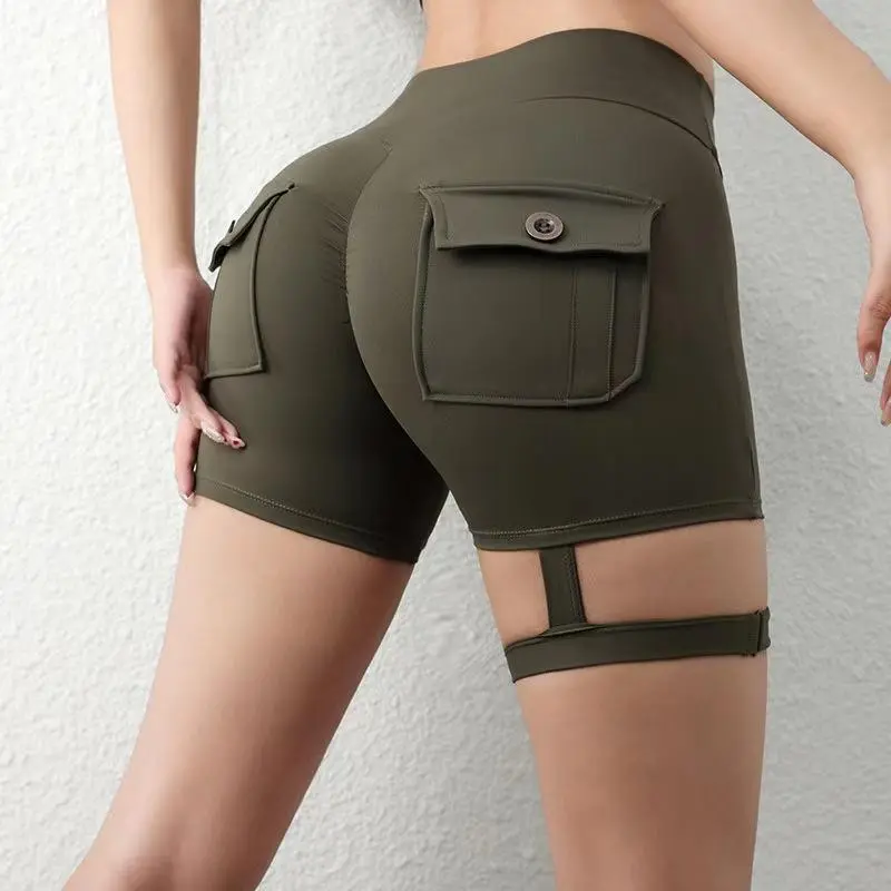 Women's High Waist Butt Lifting Athletic Yoga Shorts - Seamless Tummy Control Fitness Gym Bottoms, Breathable Summer Gym Scrunched Compression Active Shorts with Cargo Pockets, Gym Scrunched Shorts