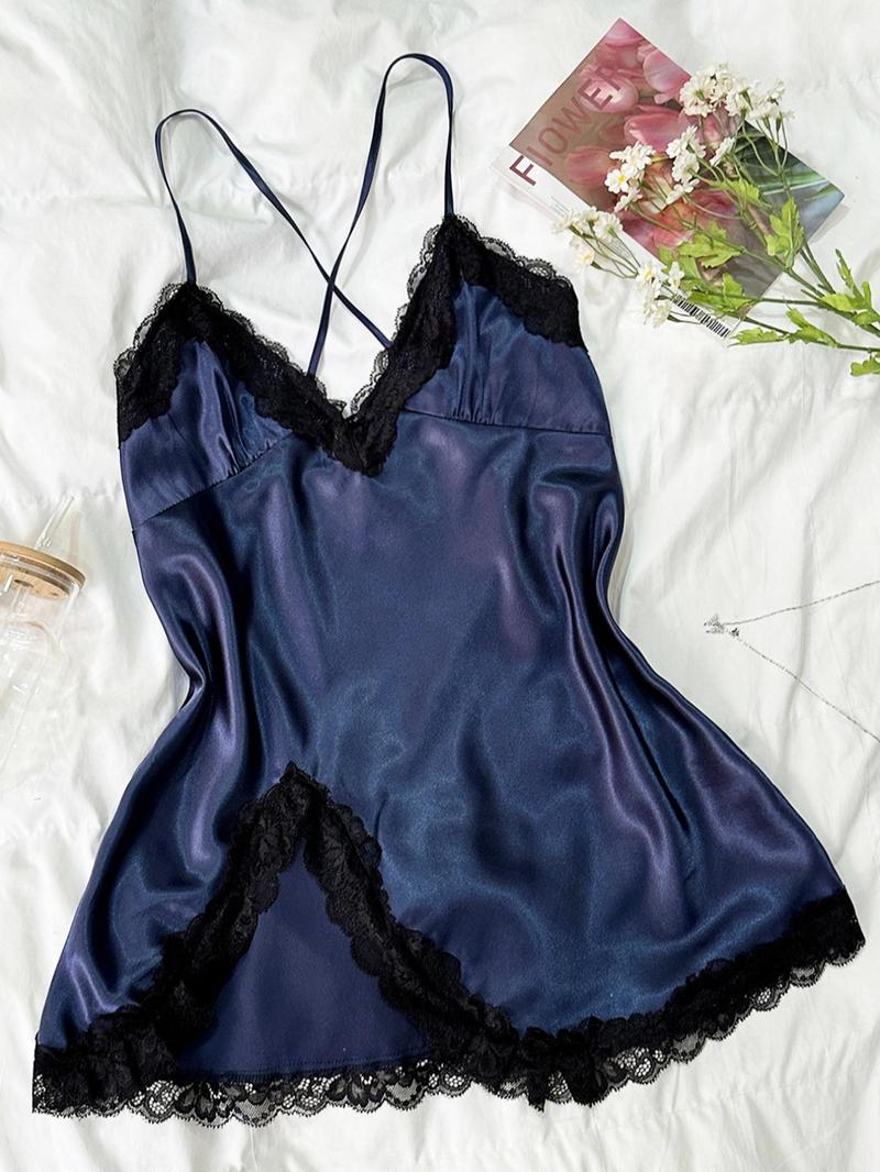 Valentine's Day Women's Contrast Lace Criss Cross Bow Back Satin Cami Nightdress, Elegant Spaghetti Strap Split Hem Backless Nightgown, Gift for Her, Dresses for Women, Women's Summer Sleepwear