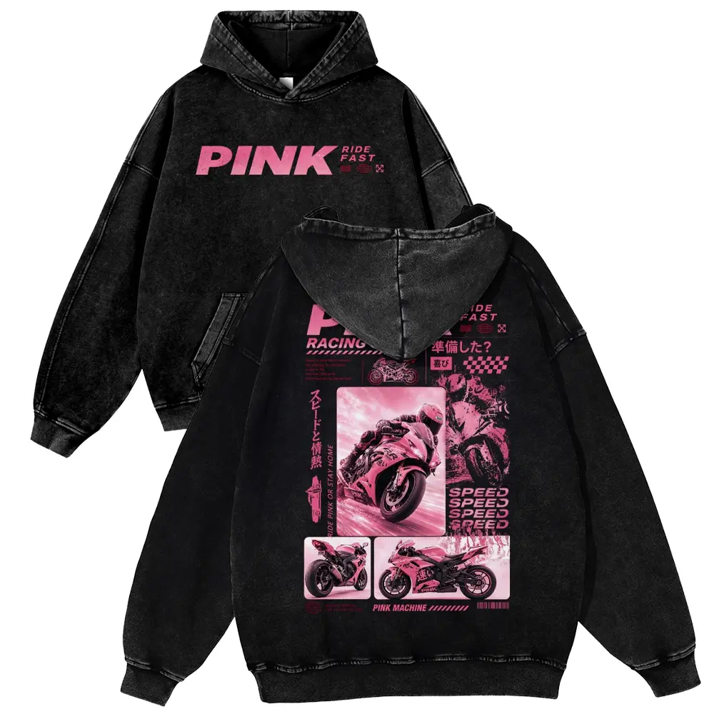 Men's Vintage Washed Pink Racing Motorcycle Graphic Cotton Hoodie - Heavyweight, Oversized, Long Sleeve, Casual Fit, Unisex Biker Pullover for Spring Streetwear Sweatshirt, Thick