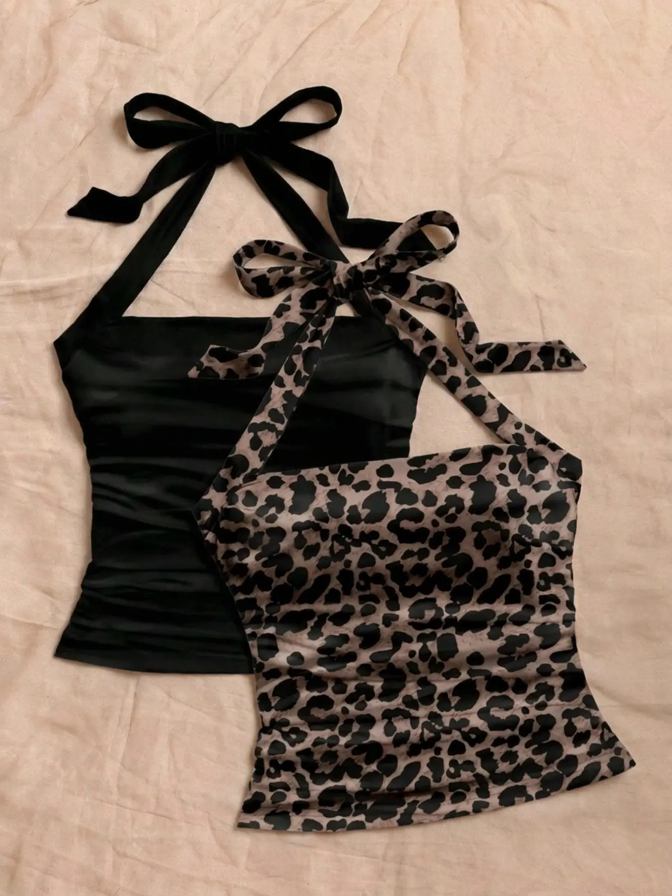 2 Pack Halter Neck Tie Short Crop Tank Tops, Sleeveless Ruched Backless Camisole Without Bra Pads, Solid Black & Leopard Print 2 Colors Set, Y2K Coquette Streetwear, Slim Fit Women Basic Layering Top, Viral Trendy Daily Going Out Outfit