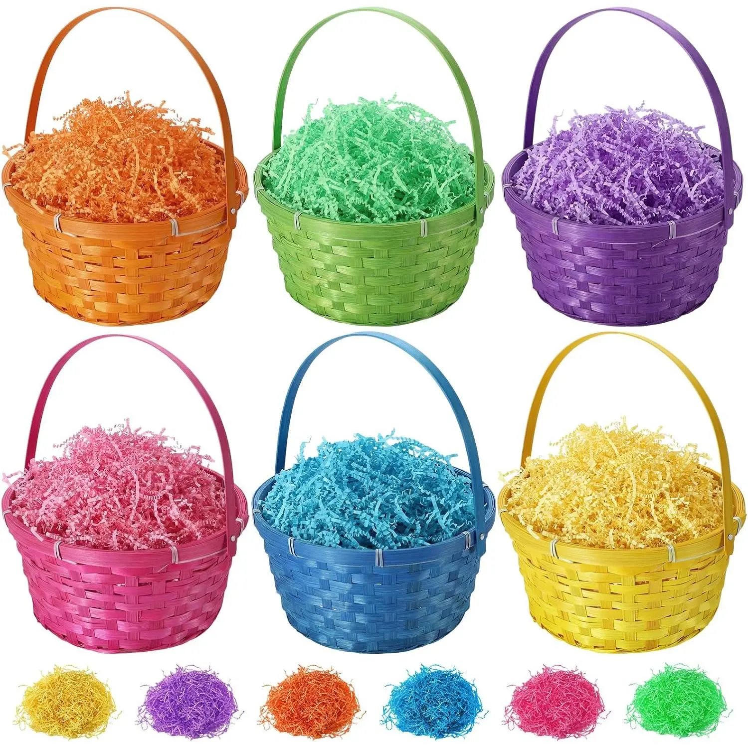 6 count Easter  Baskets Gifts 10.6 x 10.2 Inches Wicker Baskets with Handle and Raffia Easter Eggs Hunt Woven Basket Bulk for Picnic Party Rattan  Storage Party Supplies(Solid Color)