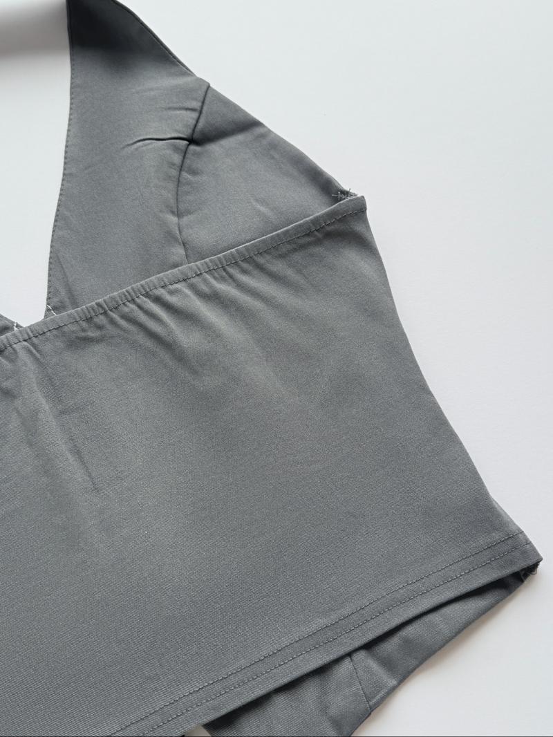 Women's Solid Hook & Eye Front Halter Tank  Top, Fashion Casual Deep V Neck Top for Daily Outdoor Wear, Women Clothes for Summer