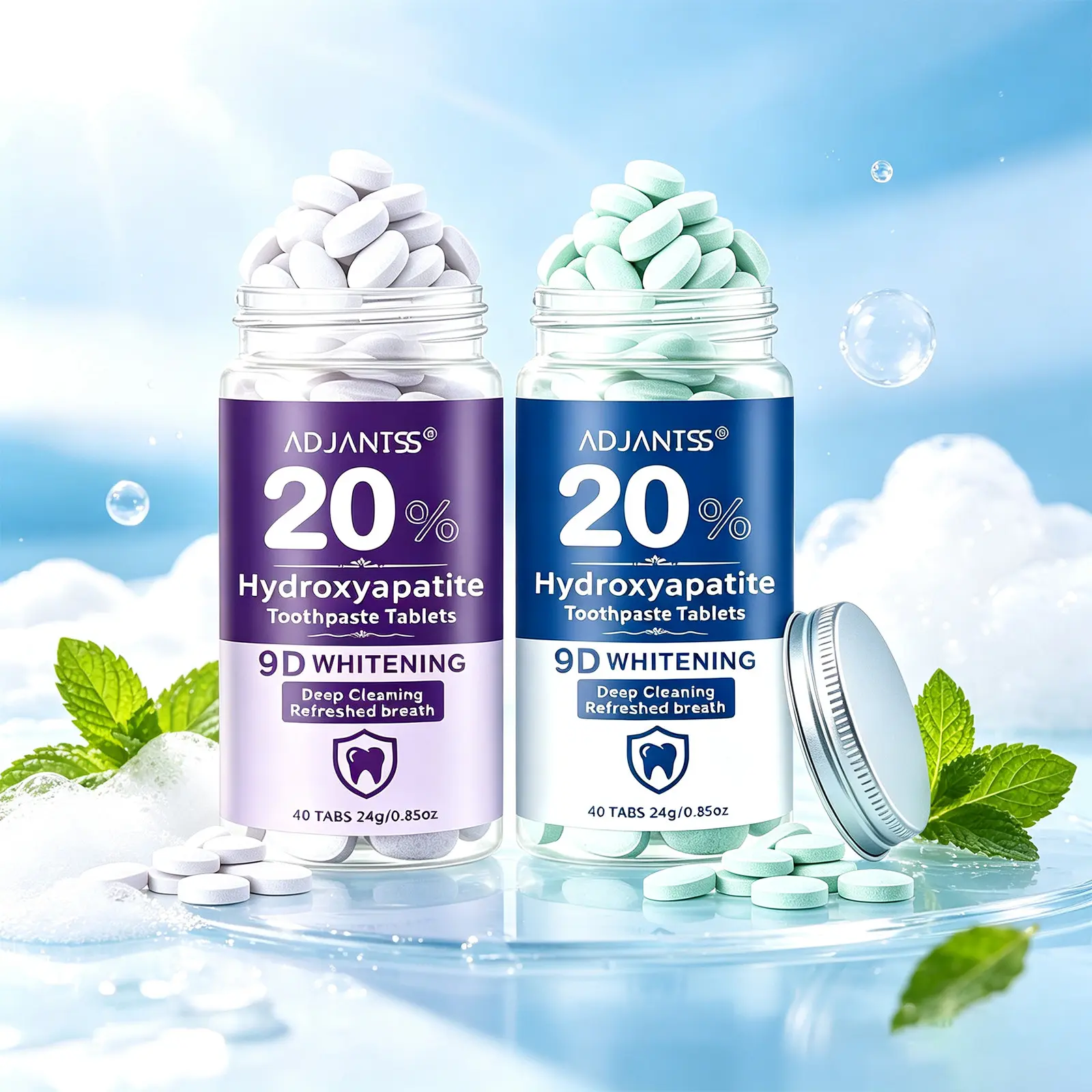 20% Hydroxyapatite Whitening Toothpaste Tablets, Contains Probiotics and Xylitol, Mint Flavor, Fresh Breath, Dental Health Care, 24g