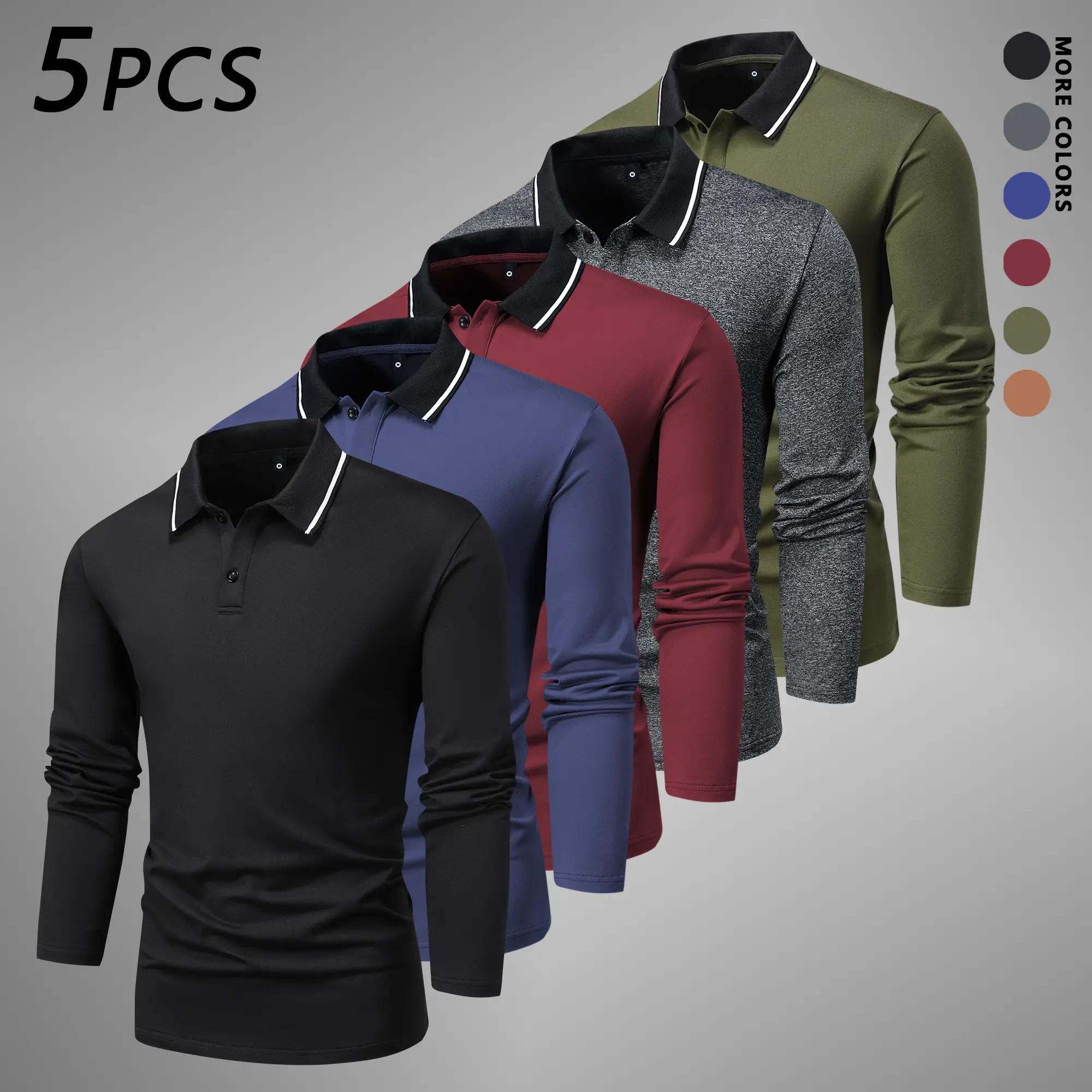 5-Pack Men's Long Sleeve Polo Shirts, Casual Collared Golf Shirts with Contrast Stripe Collar, Button Placket Tops for Business Casual Work Office, Travel, Fall Winter Layering, Daily Wear and Gifts for Men
