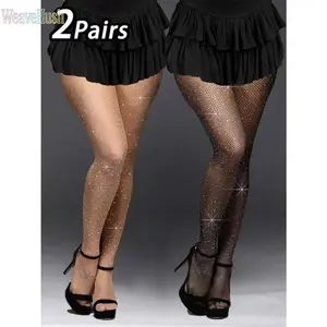 Women's Basic Rhinestone-Decorated Fishnet Pantyhose, 2-Pack Stylish Fashion Accessory Stockings